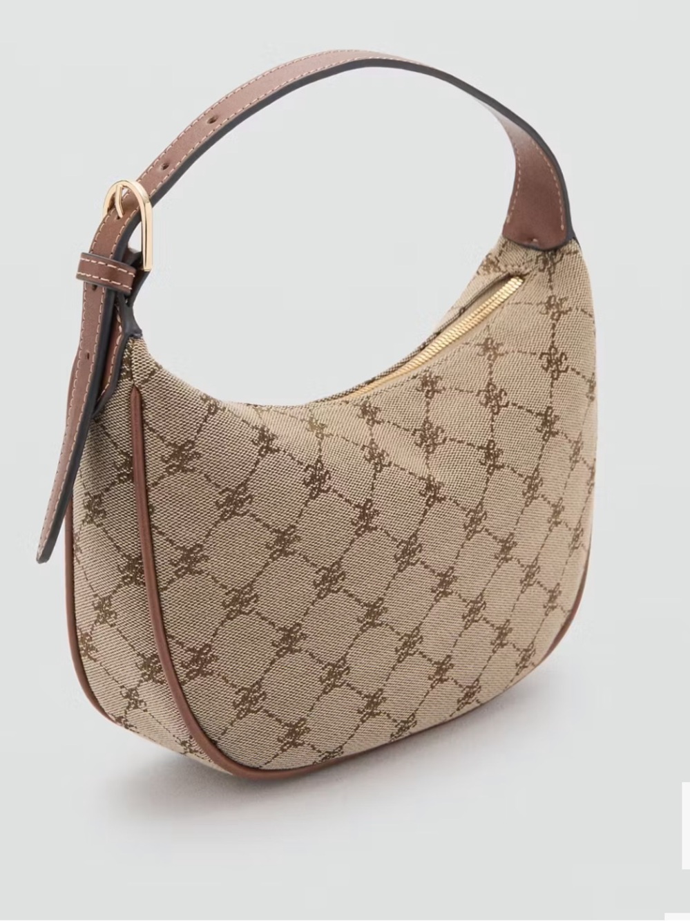 Mango Beige Monogram Shoulder Bag with Brown Trim SMALL JACQUARD SHOULDER BAG